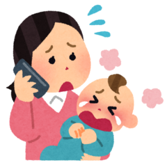 泣いてる赤ちゃんを抱きながら電話する女性のイラスト