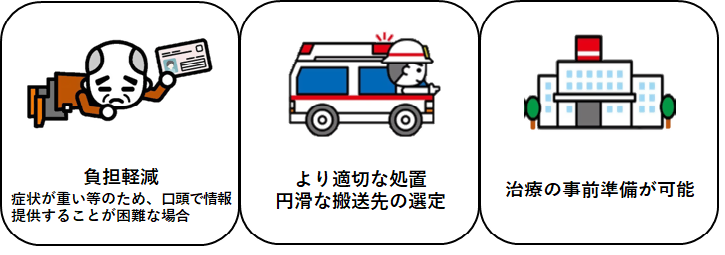 マイナ救急で期待されるメリットについて説明した画像 1 負担軽減 口頭で情報共有することが困難な場合に役立つ 2 より適切な処置、円滑な搬送先の選定に役立つ 3 治療の事前準備が可能