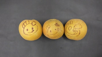 3つ並んだかまたんアート梨の写真