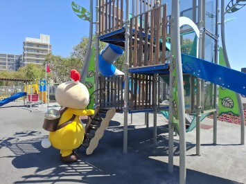 遊具の階段に登っていくかまたんの写真