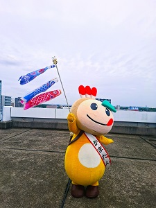 こいのぼりを風になびかせて走るかまたんの写真