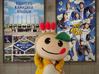 ファイターズのポスター前にいるかまたんの写真