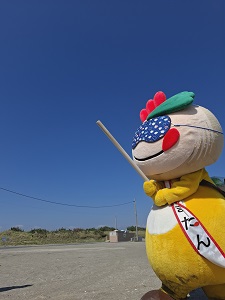 目隠しをつけてスイカ割りをしようとするかまたんの写真