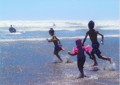 子ども達が海辺で遊んでいる写真