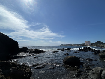 野島埼灯台から撮影した、岩にぶつかり白波を立てる壮大な南房総の海の写真