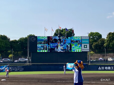 球場内の大型ビジョンに作品が放映されている様子（写真）