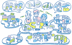 年代の違う人たちが、地域の課題などを話し合っている様子のイラスト