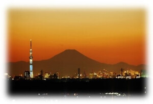 富士山とライトアップされた東京スカイツリーの写真